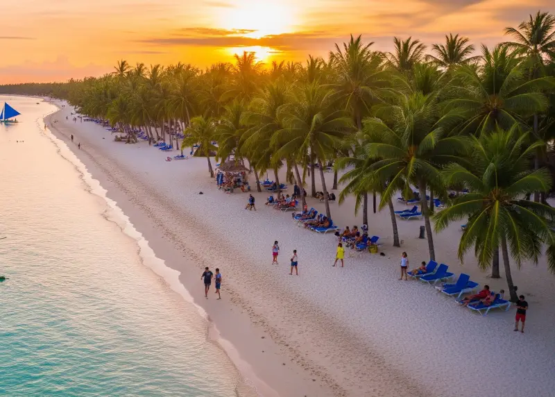 boracay white beach sunset 2025 Drone view of Boracay White Beach at sunset with sailboats and tourists.