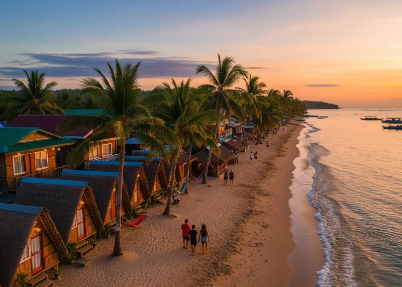 budget hostel nipa huts philippines Drone shot of budget hostels and nipa hut lodgings along a coastal barangay in the Philippines.
