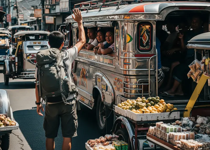 budget travel jeepney philippines Jeepney with passengers and fare being passed forward
