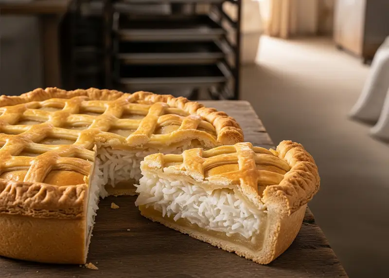 buko pie filipino dessert Freshly baked Filipino buko pie with coconut filling on a wooden counter.