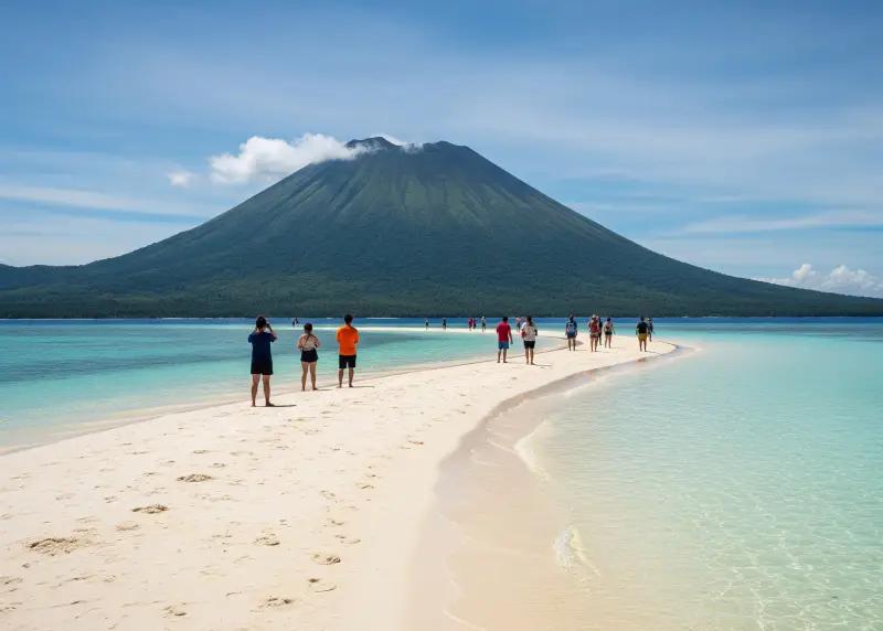 camiguin white island sandbar 2025 Tourists walking along Camiguin’s White Island sandbar with Mt. Hibok-Hibok behind.