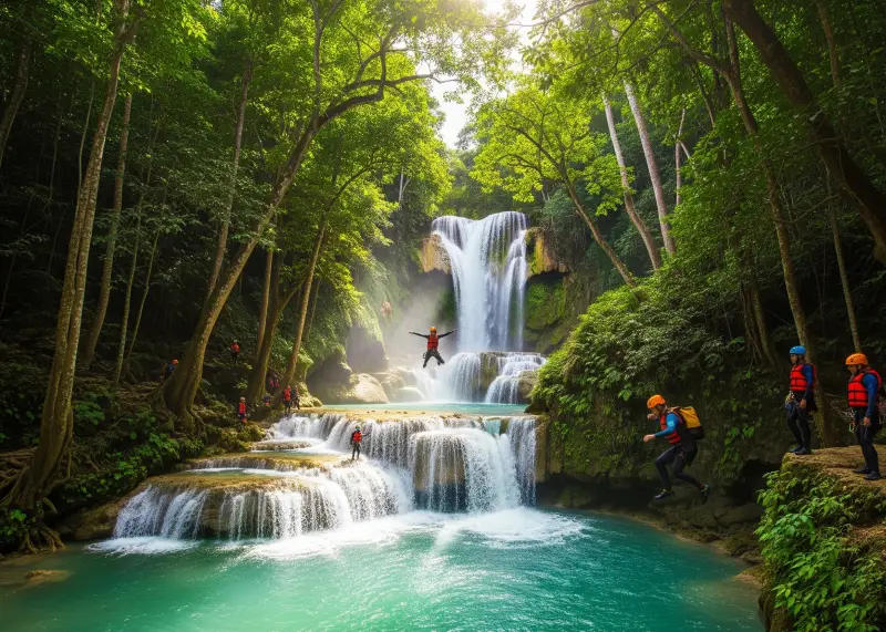 cebu kawasan falls 2025 Travelers canyoneering at Kawasan Falls in Cebu surrounded by lush jungle.
