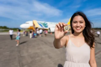 Filipina traveler proudly showing a piso coin on the airport tarmac after Cebu Pacific flight.