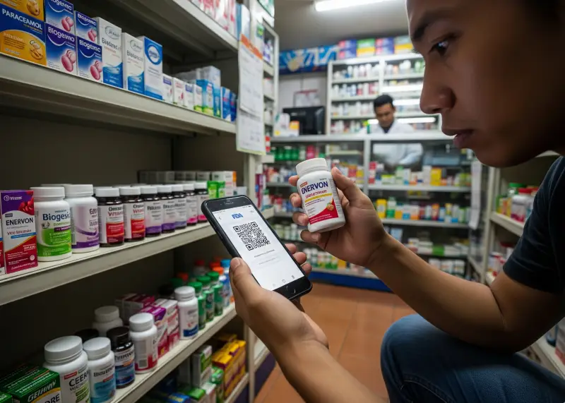 checking fda code vitamins philippines Filipino consumer checking FDA code on a vitamin bottle using their phone inside a pharmacy.