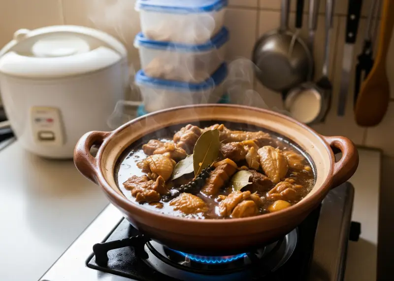 classic filipino adobo simmering A pot of classic Filipino adobo simmering in a modest home kitchen.