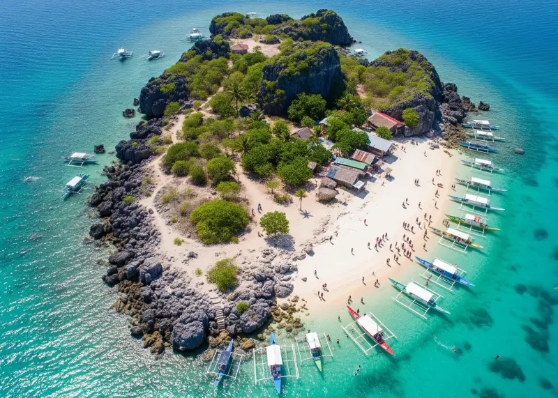 colibra island dasol pangasinan Drone view of Colibra Island in Dasol, Pangasinan with rocky edges, greenery, and white sand beach.