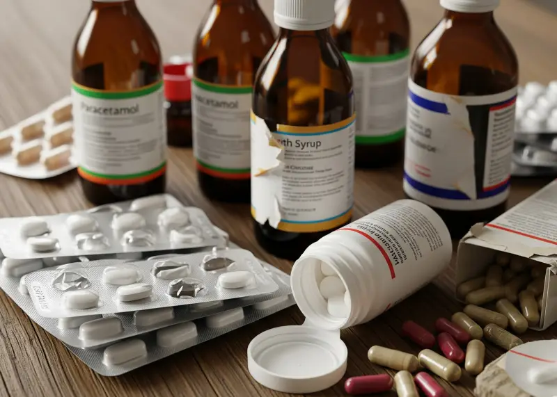 common self medicated drugs philippines Close-up of common self-medicated drugs like paracetamol, cough syrup, and antacids.