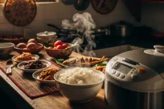Perfectly cooked white rice in a Filipino kitchen with a rice cooker and traditional dishes.