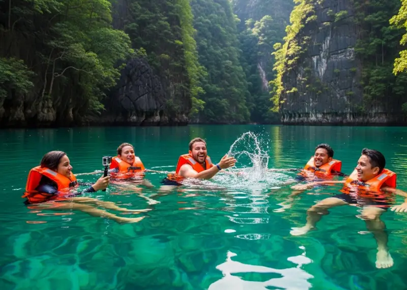 coron barracuda lake friends Friends floating in Barracuda Lake with life vests and limestone cliffs in the background.