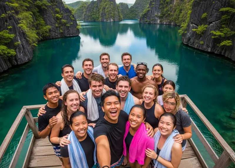 coron kayangan lake friends Group of friends taking a selfie at Kayangan Lake with emerald waters and limestone cliffs in the background.