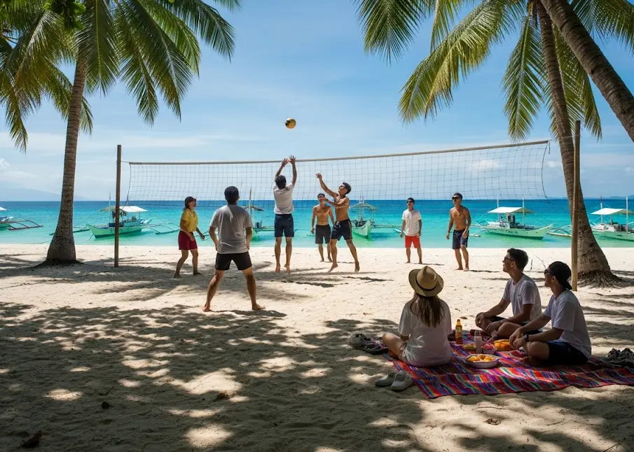 coron malcapuya banana islands friends Friends playing volleyball and relaxing on Malcapuya Island’s white sand beach.