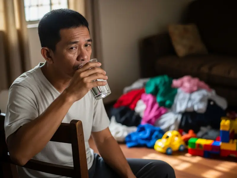 diabetes warning signs filipino Filipino man at home drinking water, showing fatigue as a possible sign.