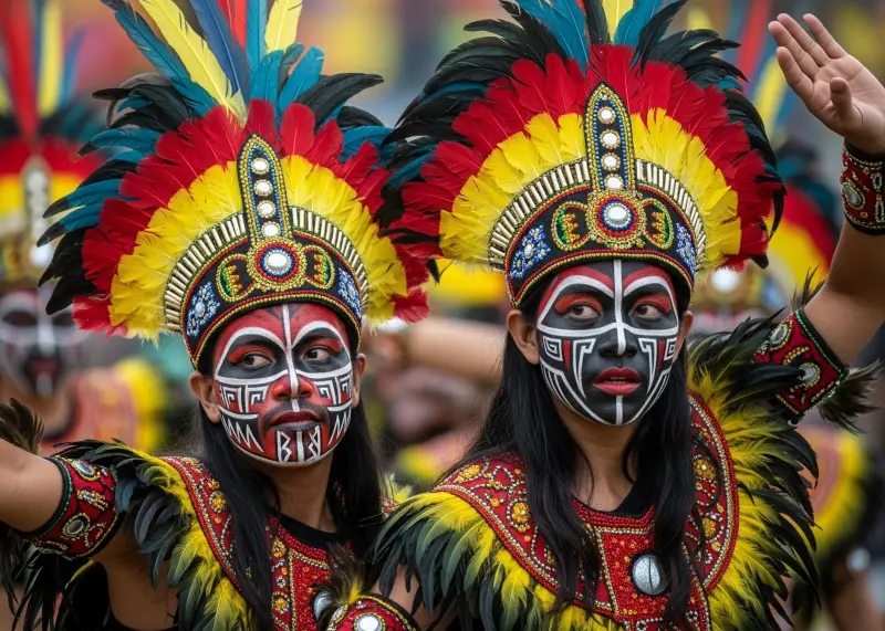 dinagyang tribal dancers closeup Tribal warriors dancing in colorful costumes at Iloilo’s Dinagyang Festival.