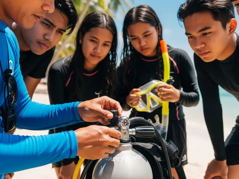 diving gear lesson philippines Diving instructor teaching students how to assemble scuba gear by the beach.