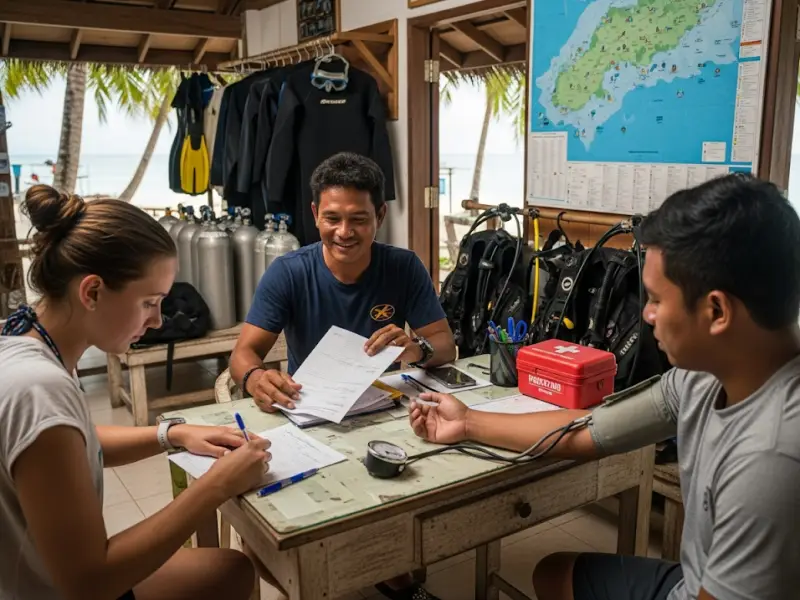 diving safety medical requirements philippines Diving students filling out medical forms and checking blood pressure at a dive shop in the Philippines.