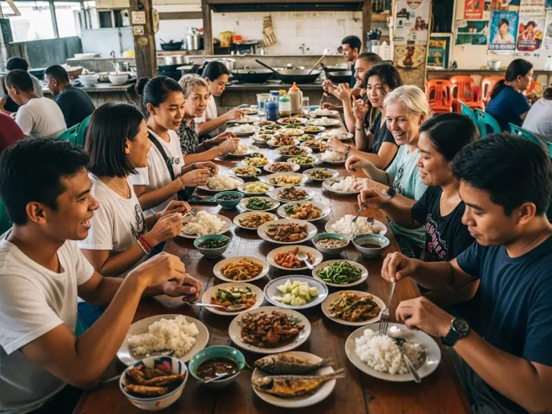 eating like a local carinderia Locals and travelers sharing a meal together at a Filipino carinderia.