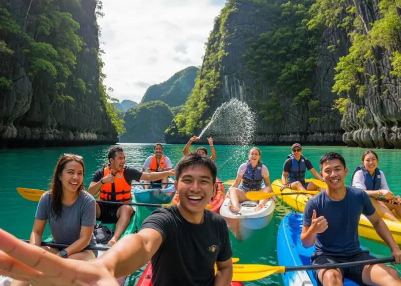 elnido tour a friends kayak Group of Filipino and foreign friends smiling in kayaks at El Nido’s Big Lagoon.