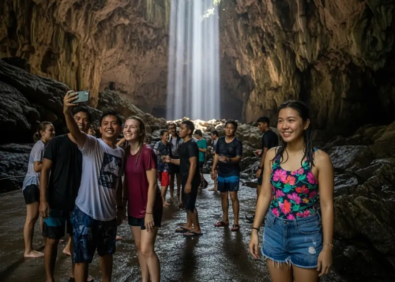 elnido tour b friends caves Group of Filipino and foreign friends exploring Cudognon Cave in El Nido, laughing and taking selfies.