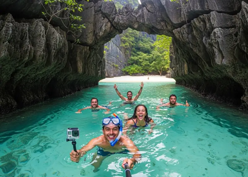 elnido tour c friends hidden beach Friends swimming through limestone cliffs into Hidden Beach in El Nido.
