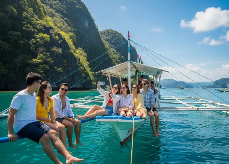 elnido tour d friends Friends lounging on a banca boat taking selfies at Cadlao Lagoon in El Nido.