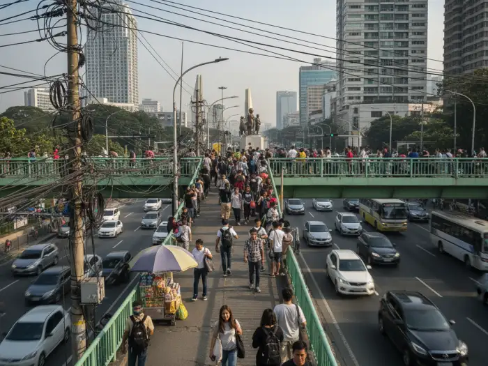experience edsa travel guide footbridge Tourists and commuters crossing a pedestrian bridge near People Power Monument in EDSA.
