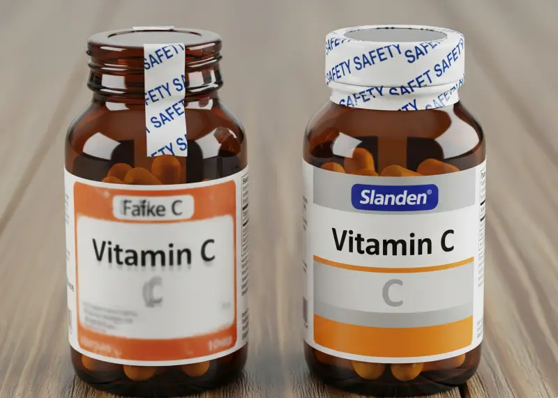 fake vs real vitamins comparison Close-up comparison of a fake vitamin bottle with crooked label and a genuine sealed one.