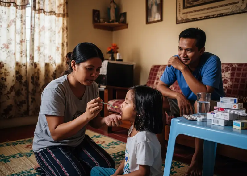 family self medication culture philippines Filipino mother giving cough syrup to a child at home without a doctor’s advice.
