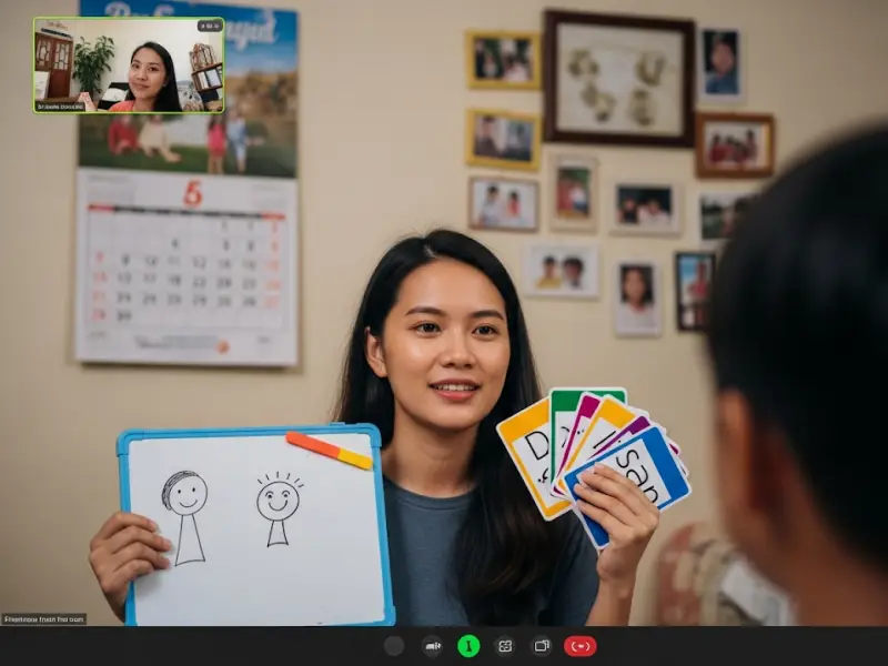 filipina english tutor whiteboard Online English tutor teaching with whiteboard and flashcards in a modest home.