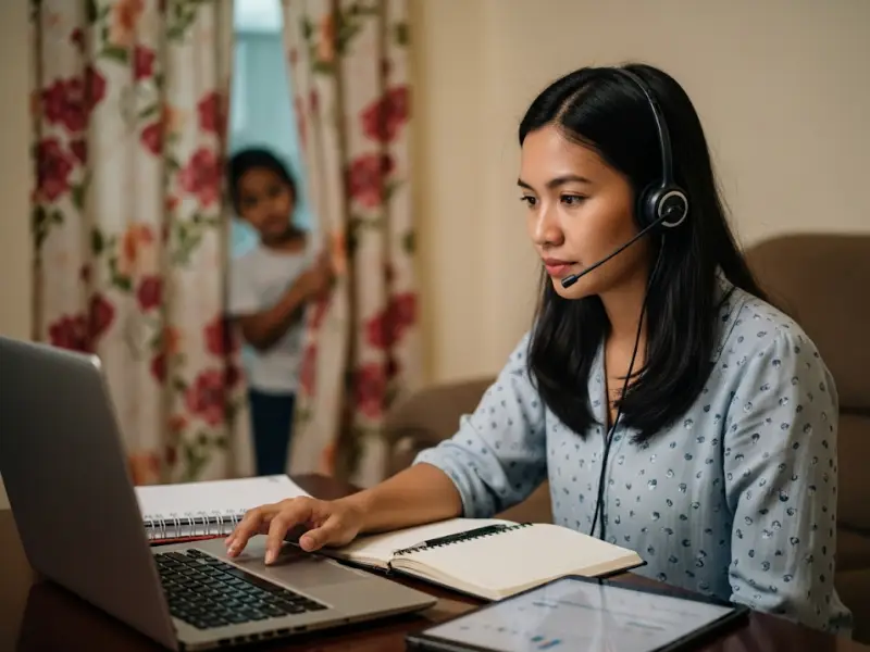 filipina executive assistant video call Filipina executive assistant on a video call at home while her child peeks behind her.