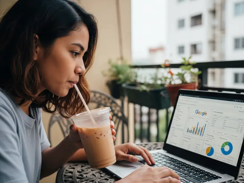 filipina seo specialist balcony SEO specialist analyzing Google Analytics dashboard with milk tea on the table.