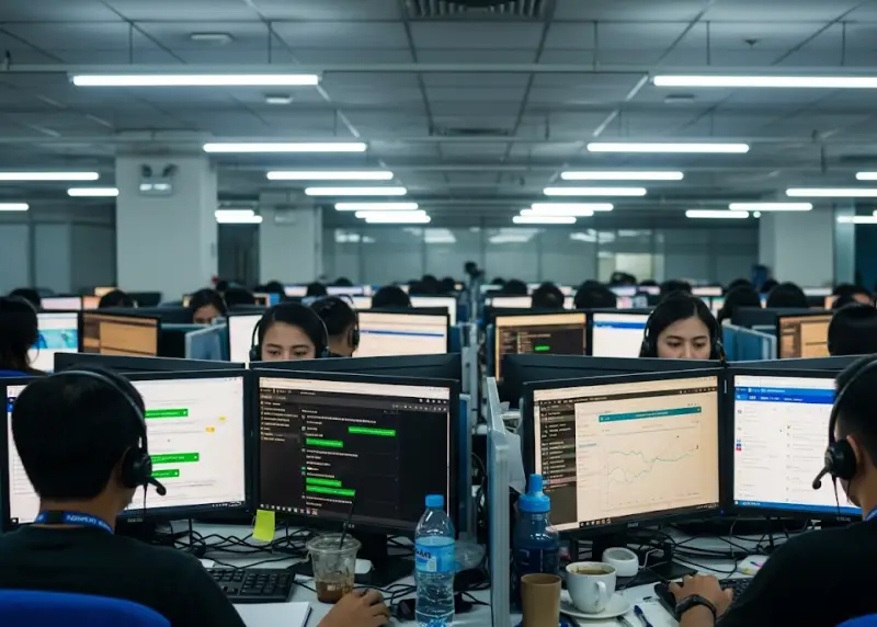 filipino bpo call center nightshift Filipino call center agents wearing headsets working the night shift in a BPO office.