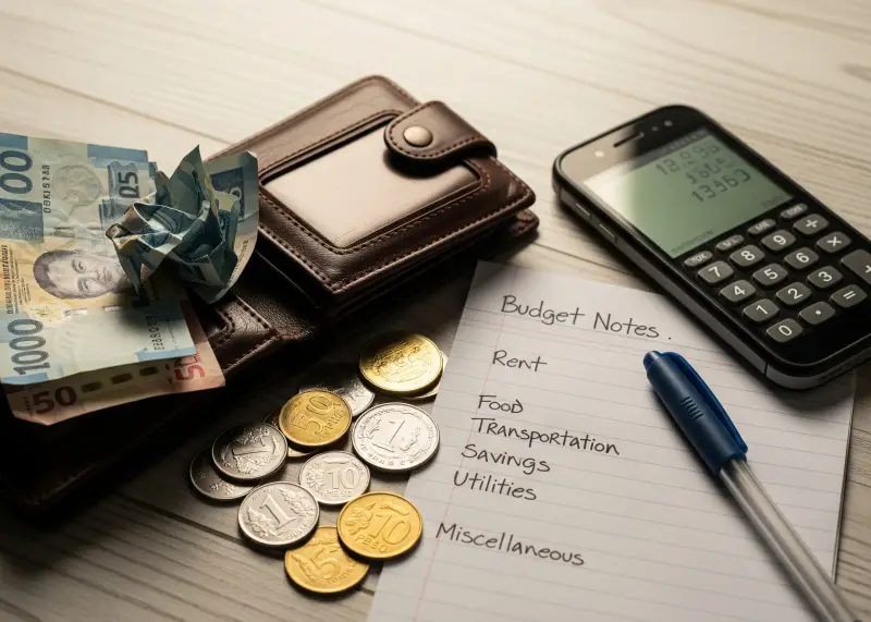 filipino budgeting 20000 peso salary A Filipino wallet with peso bills and handwritten budget notes showing rent, food, and savings allocations.