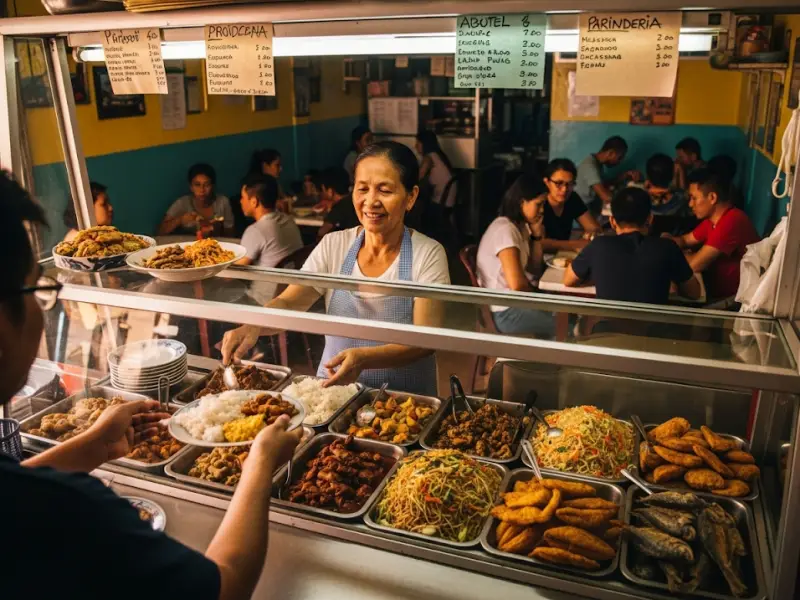filipino carinderia scene A Filipino carinderia serving rice and viands to customers at simple plastic tables.