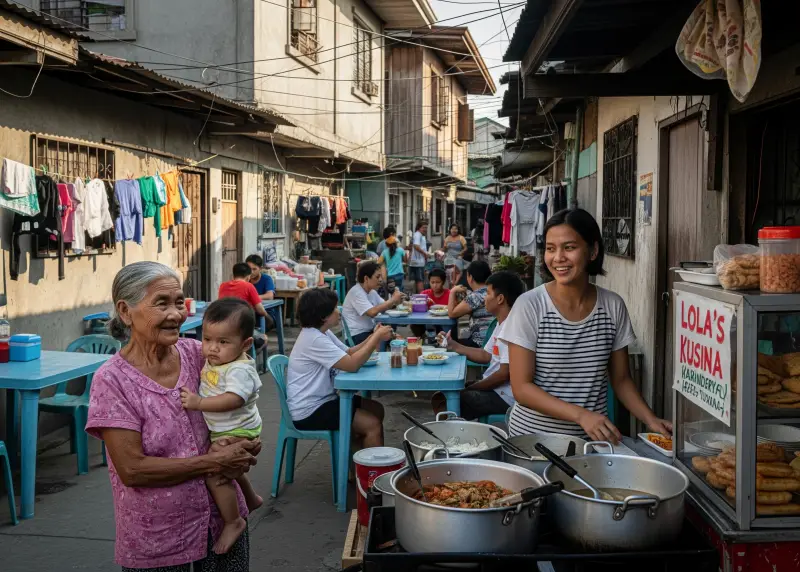 filipino community support single parent Filipino grandmother helping care for a child while a single mother manages a small karinderya.