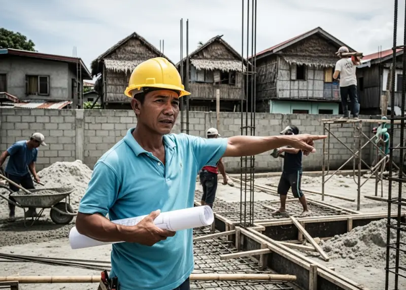 filipino construction worker barangay Skilled Filipino construction worker or foreman holding blueprints in a residential construction site.