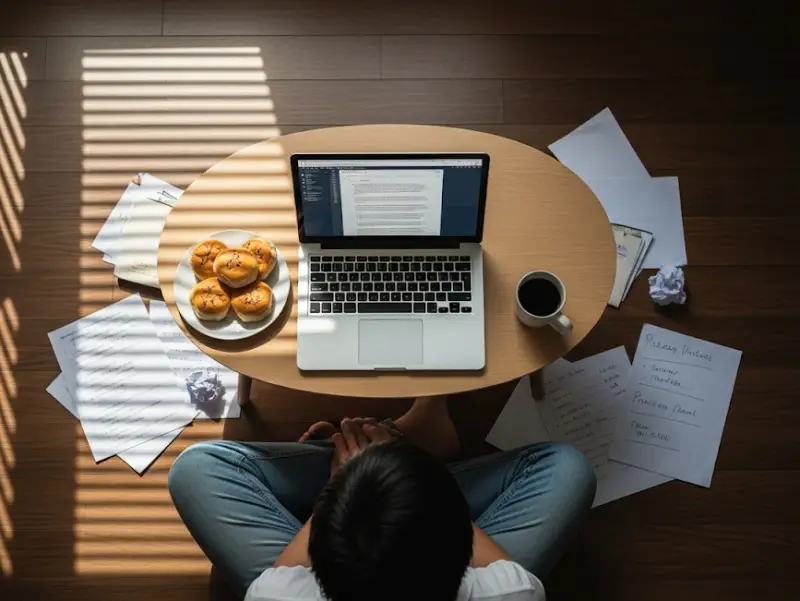 filipino content writer floor setup Content writer working on laptop from the floor with coffee and pandesal.