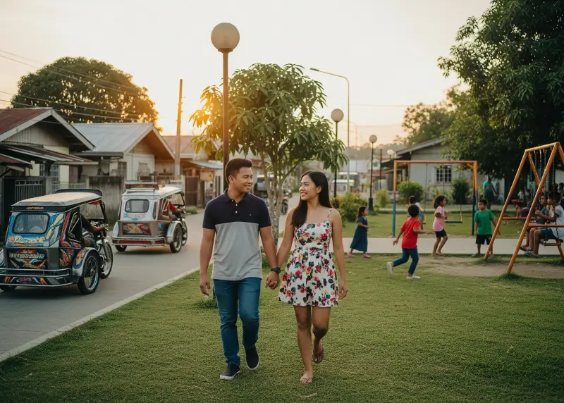 filipino couple online dating success Filipino couple walking hand in hand in a community park after meeting online.