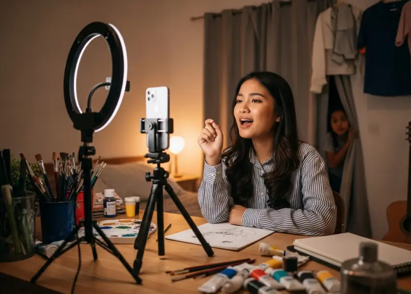 filipino creative entertainment work Filipino content creator recording a vlog with a ring light, smartphone, and art tools in a modest bedroom studio.