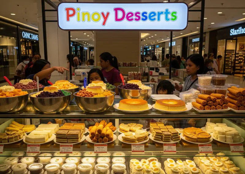 filipino dessert store mall A dessert store in a Filipino mall selling halo-halo, leche flan, turon, buko pie, sapin-sapin, and other Pinoy sweets.