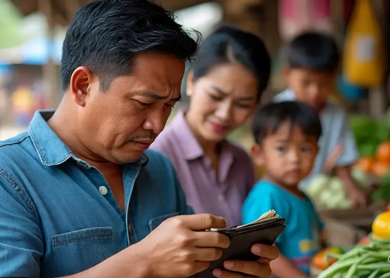 filipino family budgeting at market A Filipino father checking his wallet at the market while his family looks on