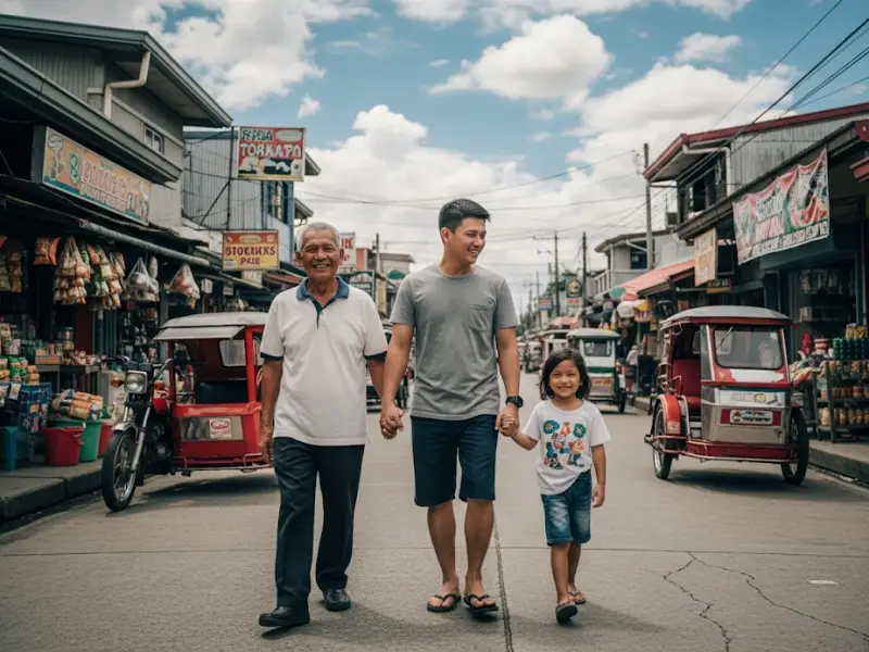 filipino family health wealth Three generations of a Filipino family walking together outdoors.