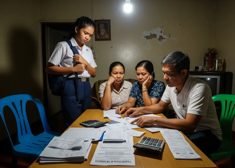 filipino family paying college tuition Filipino parents calculating tuition bills while student looks on worriedly.