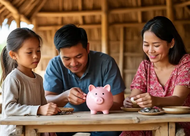 filipino family saving piggy bank Filipino parents teaching their kid how to save