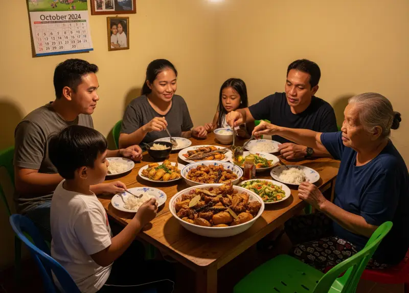 filipino family sharing adobo A Filipino family eating adobo together at a modest home dining table.