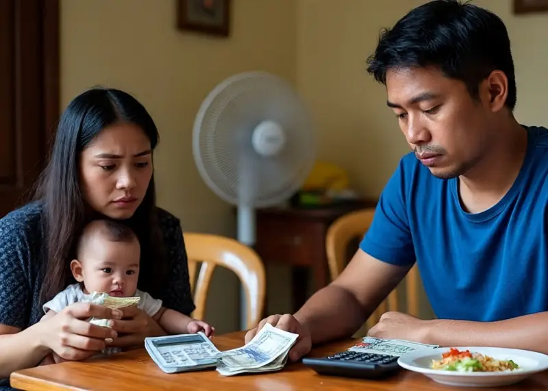 filipino family struggling grad school costs A Filipino family in a modest home worrying about tuition bills and the financial burden of graduate school.