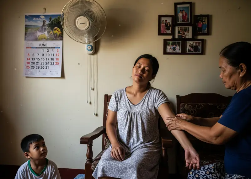 filipino family trusting hilot A Filipino mother receiving hilot treatment at home while her child looks on.