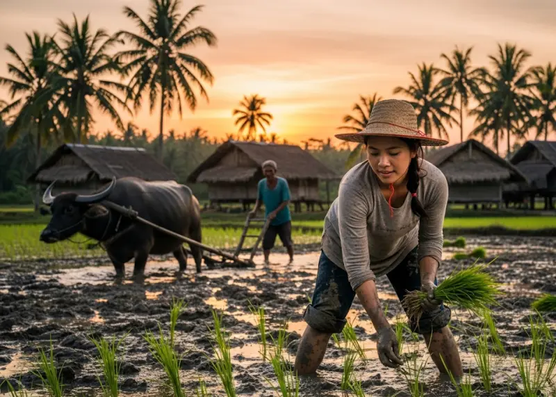 filipino farmer agriculture philippines Filipino farmers planting rice by hand with a carabao in a muddy field at sunrise.