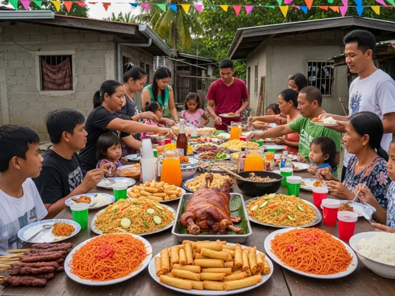 filipino fiesta mentality Filipino family and neighbors sharing a fiesta meal with lechon, pancit, lumpia, and barbecue under colorful banderitas.