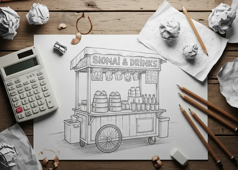 filipino food cart big idea Sketch of a food cart business idea drawn on paper with notes and calculator.