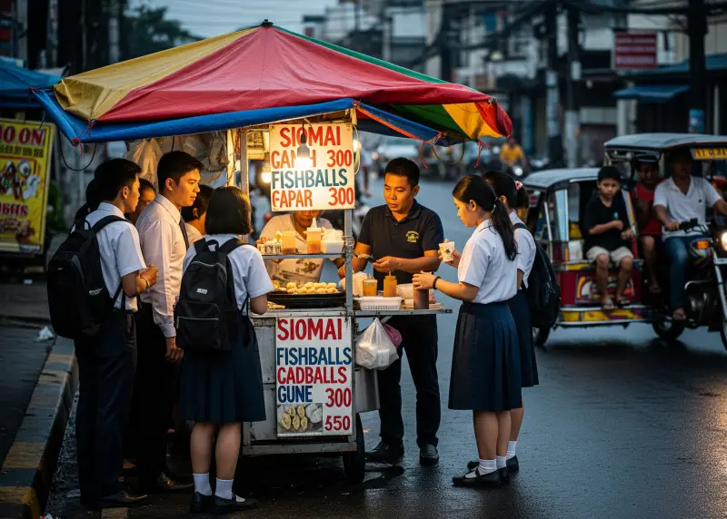 filipino food cart business 2025 Filipino food cart selling siomai and fishballs with customers on a busy street.